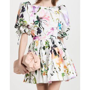 Aje Drift Puff Sleeve Mini Dress Botanic Floral Watercolor Print White AU 6
